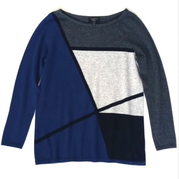 Charter Club Cashmere Royal Blue Heathered Greys Black Abstract Motif Sweater - Picture 7 of 15